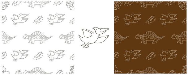 Dinosaurios del período Jurásico. Set dinosaurios para colorear patrón sin costura. Impresión para diseño de tela, textil - Vector, imagen