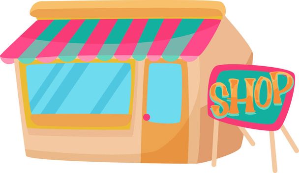 Cute store illustration, cartoon colorful store, store for different goods with decorative elements - plants, canopies or showcases   - Vector, afbeelding