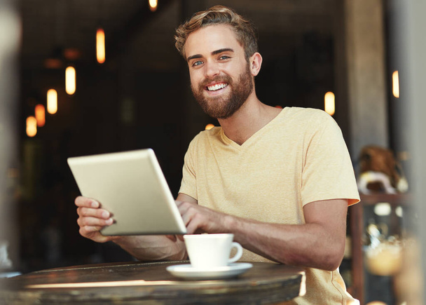 Cafe portrait, tablet and happy man work on online project, research or review restaurant, store or coffee shop service. Smile, happiness and person working on hospitality insight, data or statistics. - 写真・画像