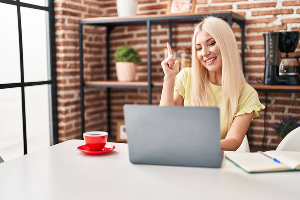 Donna caucasica che fa videochiamata con laptop sorridente felice indicando con mano e dito di lato  - Foto, immagini