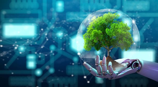 Robot mano sosteniendo el árbol en crecimiento con globo de alambre. Conexión de red y circuito Punto convergente de fondo. Tecnología verde, interacción con la tecnología de la naturaleza y concepto de ecología.  - Foto, Imagen