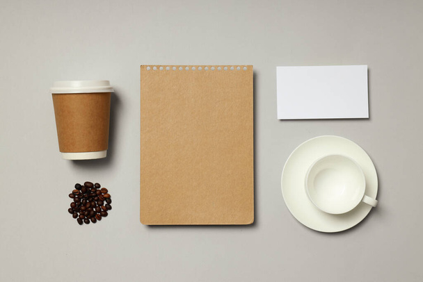 Mockup flat lay with different freelance accessories on light gray background - Photo, Image