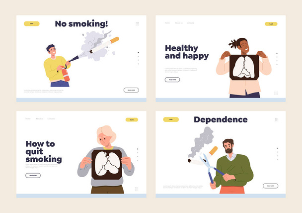 Conjunto de design de landing page, modelo de site com campanha contra o tabagismo e personagens de pessoas felizes quebrando vício prejudicial mau hábito insalubre para prevenir o câncer de pulmões evitar doenças respiratórias - Vetor, Imagem