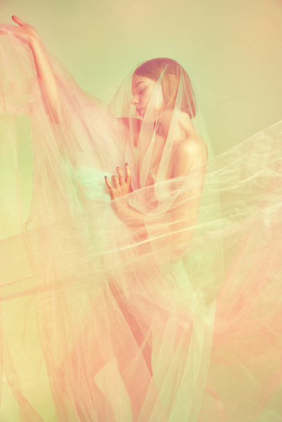 Freedom. Portrait with silhouette of dreaming young woman, girl with perfect, slim body shape standing alone covered transparent fabric over pastel background. Natural beauty of female body concept - Φωτογραφία, εικόνα