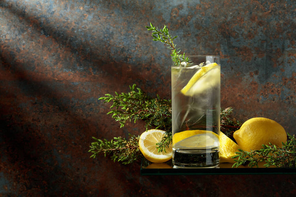 Gin und Tonic mit Eis, Zitronen- und Wacholderzweigen. Eisgetränk in einem vernebelten Glas auf rostigem Grund. Kopierraum.  - Foto, Bild