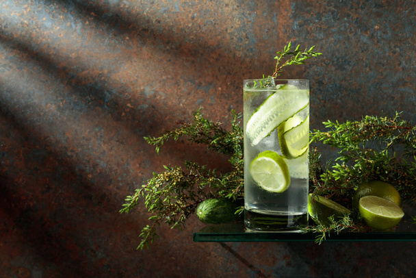 Gin and Tonic with ice, lime, cucumber, and juniper. Iced drink in a misted glass on a rusty background. Copy space.  - Фото, изображение