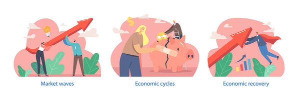 Μεμονωμένα στοιχεία με επιχειρηματικούς χαρακτήρες που συμμετέχουν στην οικονομική ανάκαμψη, ανακτώντας τη σταθερότητα και την ανάπτυξη σε μια οικονομία της χώρας μετά από μια περίοδο ύφεσης. Γελοιογραφία Άνθρωποι Εικονογράφηση διάνυσμα - Διάνυσμα, εικόνα