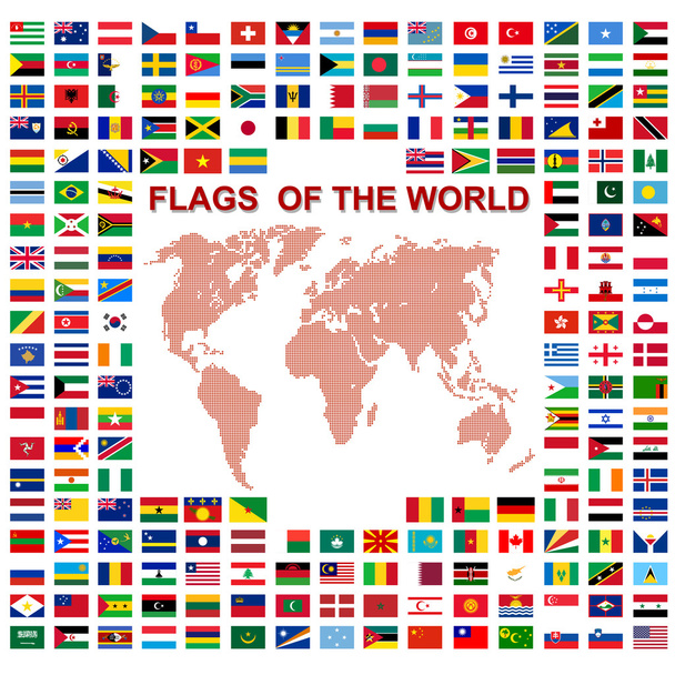 Flaggen der Welt und Landkarte auf weißem Hintergrund. Vektorillustrationen - Vektor, Bild