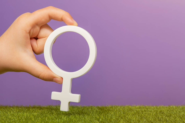 Naisen sukupuolisymboli. Nainen symboli käsissä violetti tausta kopioi tilaa. Naisjohtajan käsite tai sukupuolten tasa-arvo. Laadukas kuva - Valokuva, kuva