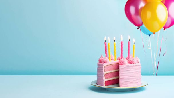 Pink birthday cake with birthday candles and pink and yellow party balloons against a blue background - Fotoğraf, Görsel
