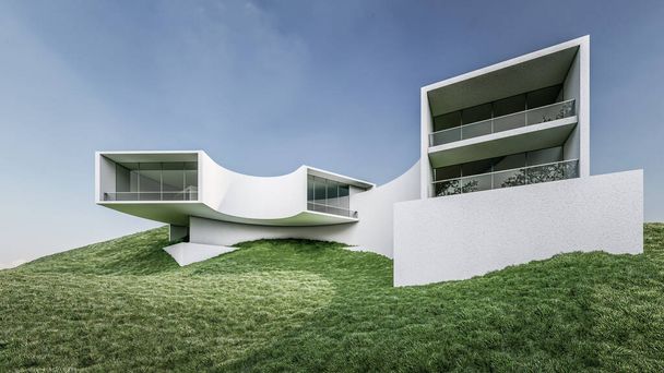 Arquitectura 3d representación ilustración de la casa moderna mínima con paisaje natural - Foto, imagen