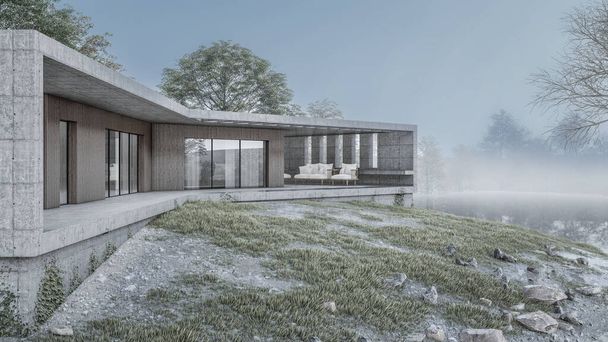 Arquitectura 3d representación ilustración de la casa moderna mínima con paisaje natural - Foto, imagen