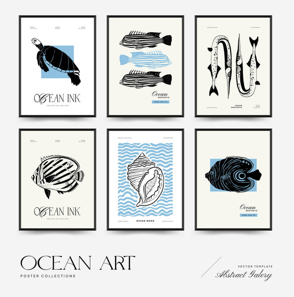 Abstracte oceaan en zee posters sjabloon. Moderne zee Botanische trendy zwarte stijl. Vintage zeewier, vis, schelp. Inktmuurkunst. - Vector, afbeelding
