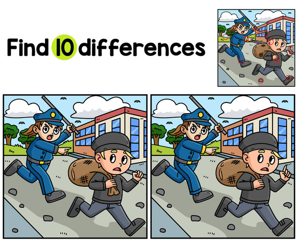 Finden oder finden Sie die Unterschiede auf dieser Aktivitätsseite der Polizistin Chasing Thief kids. Ein lustiges und lehrreiches Puzzlespiel für Kinder. - Vektor, Bild