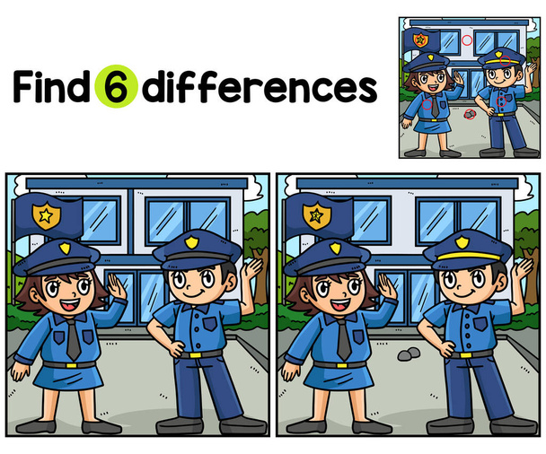 Trouvez ou repérez les différences sur cette page d'activité des enfants policiers. Un jeu de puzzle amusant et éducatif pour les enfants. - Vecteur, image