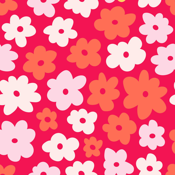 Floral pattern in the style of the 70s with groovy daisy flowers. Retro floral naive vector design. Style of the 60s, 70s, 80s - Vetor, Imagem