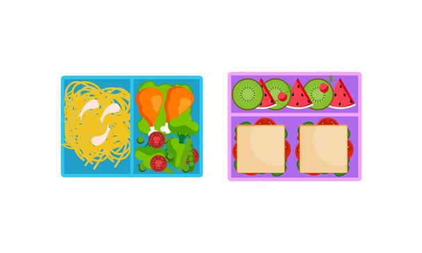 Lunchbox containers with bright content. Lunch Concept - Vector, Image