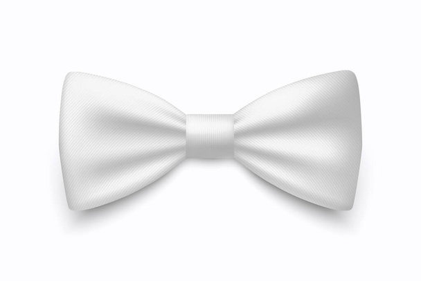 Vector 3d Realistic White Bow Tie Icon Closeup Isolated on White Background. Silk Glossy Striped Bowtie, Tie Gentleman. Mockup, Design Template. Bow tie for Man. Mens Fashion, Fathers Day Holiday. - Вектор, зображення
