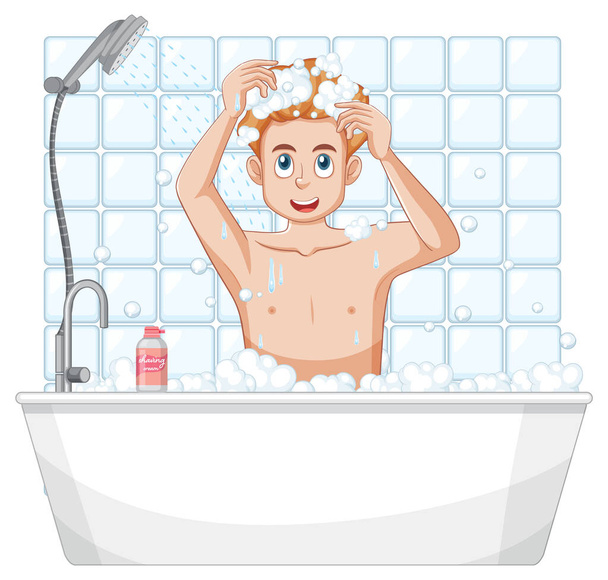 A male teen taking a bath illustration - Vector, Image
