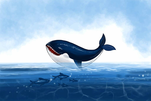 Μεγάλες φάλαινες και ψάρια κολυμπούσαν κάτω από τον ωκεανό. - Διάνυσμα, εικόνα