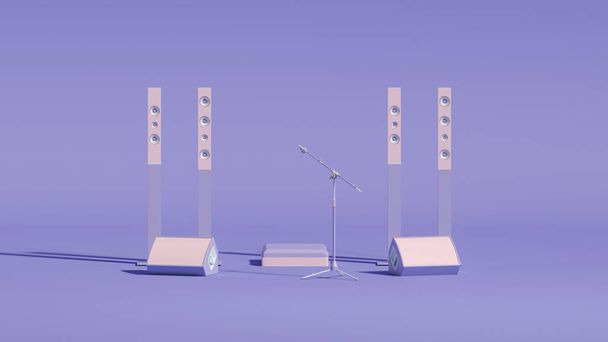  Concert stage with guitar, microphone and speakers on dark pink background in pastel purple colors. Minimalism concept. Music application Concept.3D render. - Photo, Image