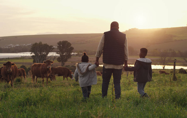 Family, holding hands and a father walking on a farm with children for agriculture or sustainability. Back, farming and a dad with his kids in the meadow as a cow farmer in the countryside at sunset. - Foto, Bild