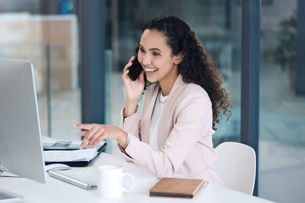 Computer, consulting and phone call with business woman in office for networking, negotiation or contact. Communication, technology and planning with female employee for online, project or connection. - 写真・画像
