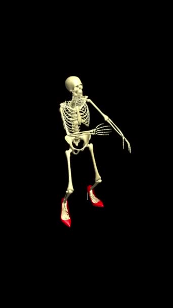 Een unieke vrolijke dans van een vrouwelijk skelet in roodleren schoenen. 3D realistische animatie. - Video