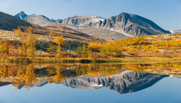 秋の風景の中の山や木の反射、ノルウェー. - 写真・画像