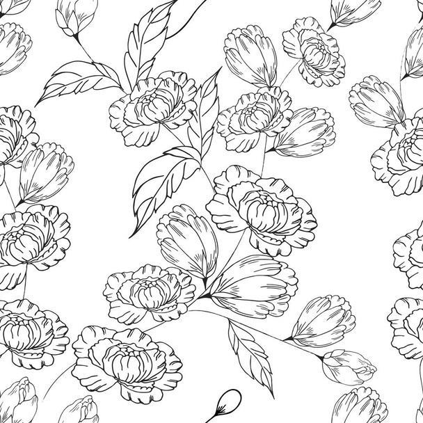 SSeamless floral pattern. Decorative peonies, leaves and buds of hand drawing. For printing on fabric, paper, for scrapbooking, cards, background, etc. Vector for editing - Vektor, obrázek