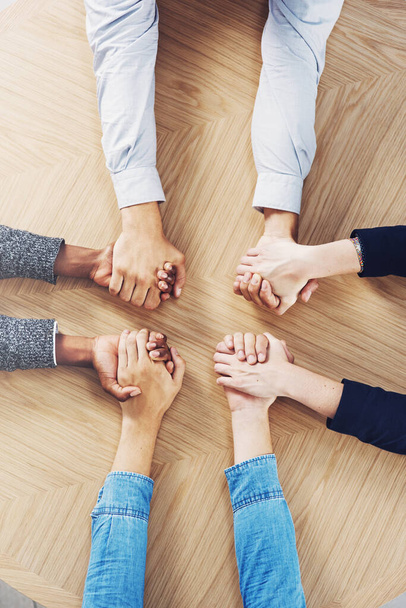 Above, solidarity or business people holding hands for support, team building or teamwork in office. Partnership, zoom or employees in group collaboration with diversity or mission for goals together. - Foto, Imagem