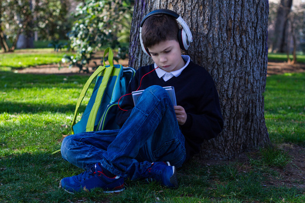 Chlapec seděl na stromě s sluchátka a píše v poznámkovém bloku - Fotografie, Obrázek