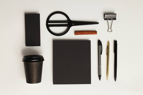 Mockup flat lay with different office accessories on white background - Fotografie, Obrázek