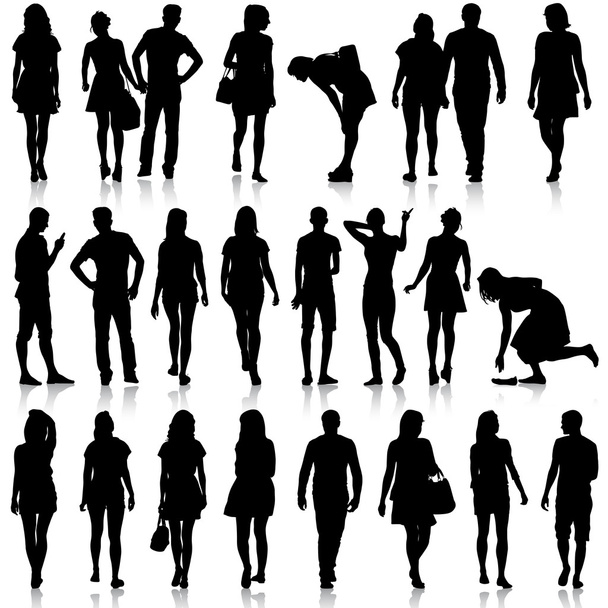 Black silhouettes of beautiful mans and womans on white backgrou - Vector, Image