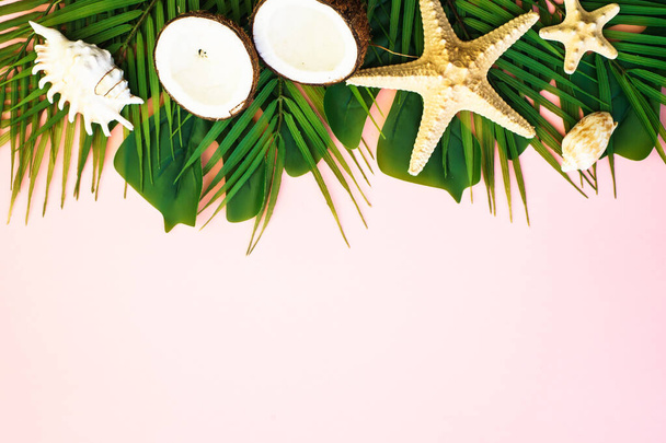 Tropical leaves, coconut and sea shells on pink background. Top view with copy space. - Photo, Image