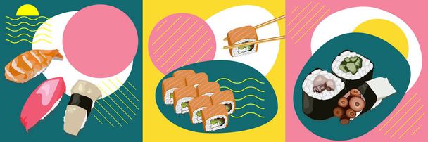 Gerçekçi taze suşi tasarımı izole edilmiş vektör illüstrasyonunu ayarladı. Japon yemeklerinin parlak bir örneği. Çizimler kümesi - Vektör, Görsel