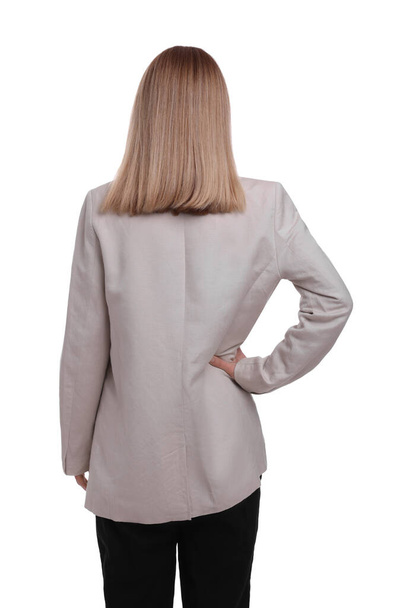 Businesswoman posing on white background, back view - Foto, Imagen