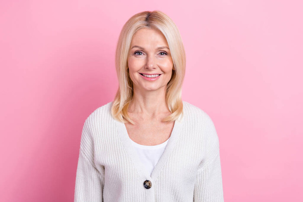 Photo of satisfied funny optimistic senior woman with bob hairstyle dressed knit cardigan smiling isolated on pink color background. - Φωτογραφία, εικόνα