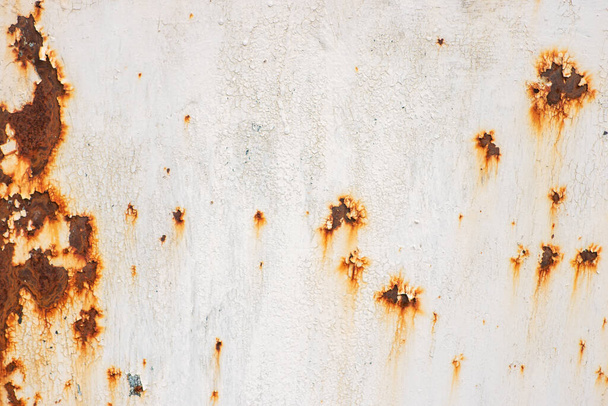 Rusted white painted metal wall. Rusty metal background with streaks of rust. Rust stains. The metal surface rusted spots.metal rust texture background. - Fotografie, Obrázek