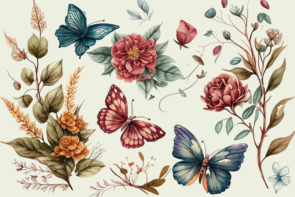 Collection decorative design of watercolor flowers. Vector illustration desing. - Vetor, Imagem