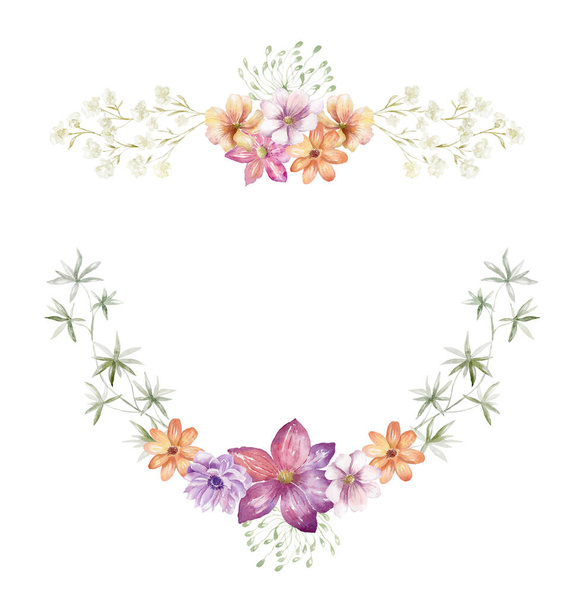 Watercolor Frame with Wildflowers on the white Background. Summer Illustration - Foto, imagen