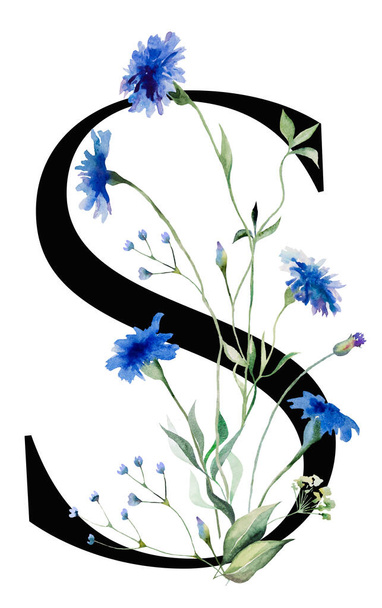 Black letter S with watercolor blue cornflowers and wildflowers qith green leaves bouquet isolated illustration. Alphabet Element for wedding stationery and greeting - Photo, Image