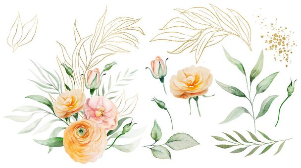 Bouquet with orange and yellow watercolor flowers and green leaves, single elements, illustration isolated. Floral elements for romantic wedding or valentines stationery and greetings cards - Foto, Imagem