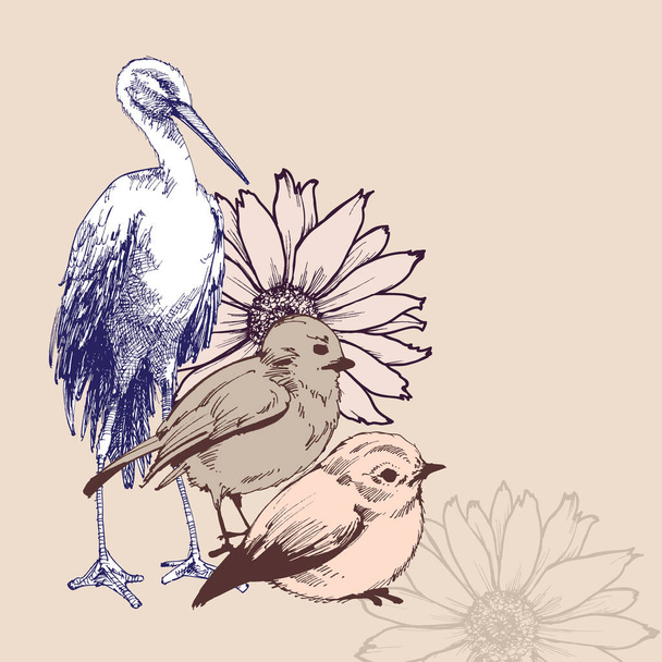 Spring birds, sparrows and stork floral design - Vektör, Görsel