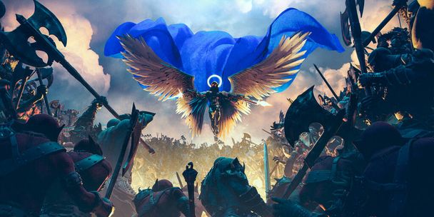 Ангел-демон летает и сражается над орком с голубым плащом и расправляет крылья в эпической позе в пыли и тумане, шум и хроматическое отклонение, чтобы добавить реализма, 3D рендеринга концепт-арта - Фото, изображение