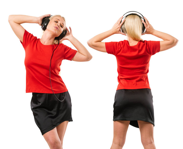 Photo of a beautiful woman listening to headphones wearing a blank red shirt, front and back. Ready for your design or artwork. - Foto, immagini