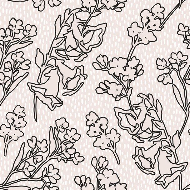 Krásný květinový vzor. Roztomilé přírodní luční květiny v siluetě, obrys na pozadí čmáranice. Ručně kreslené divoké květiny tapety. Botanický vektorový tisk pro textil, textilní design - Vektor, obrázek