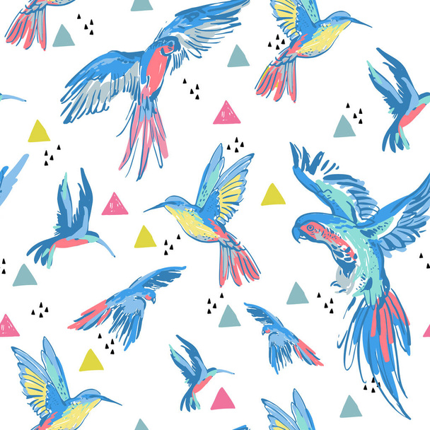 Pappagalli volanti grunge creativo triangoli modello senza soluzione di continuità. Uccelli tropicali su astratte forme geometriche scarabocchi sfondo. Illustrazione vettoriale disegnata a mano per bambini design, arredamento da parete, tessuto, tessile - Vettoriali, immagini