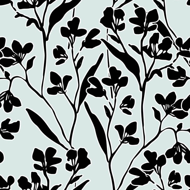 Beautiful floral seamless pattern. Cute natural background with wild meadow flowers in silhouette, outline. Hand drawn wildflowers wallpaper. Botanical vector print for spring textile, fabric design - Wektor, obraz
