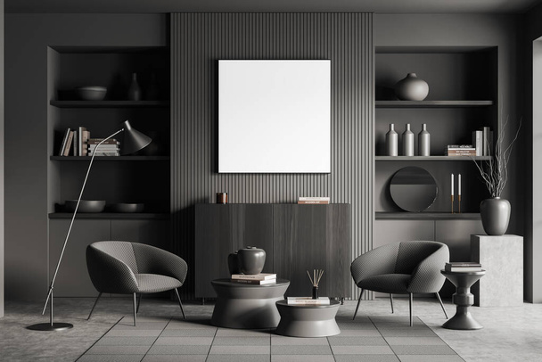 Dark living room interior with two armchairs and shelf with decoration, carpet on grey concrete floor. Mock up blank square poster. 3D rendering - Foto, afbeelding